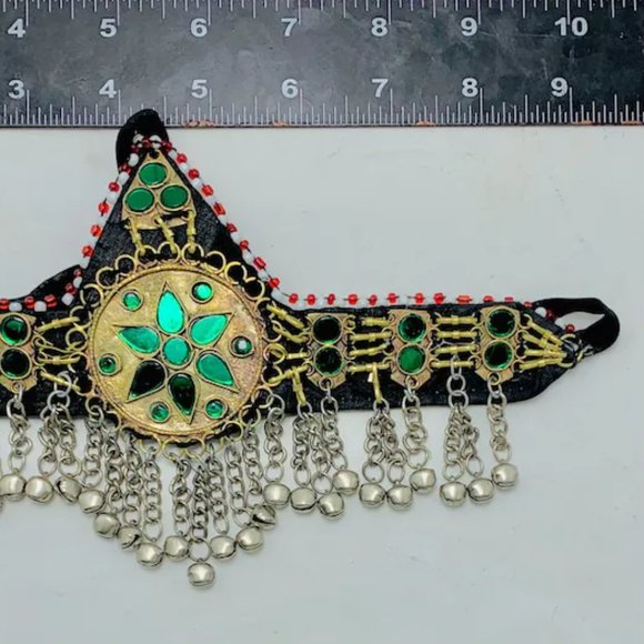 Green Kuchi Afghan Matha Patti, Ethnic Hair Jewelry, Afghan Hair Accessories, main image 9